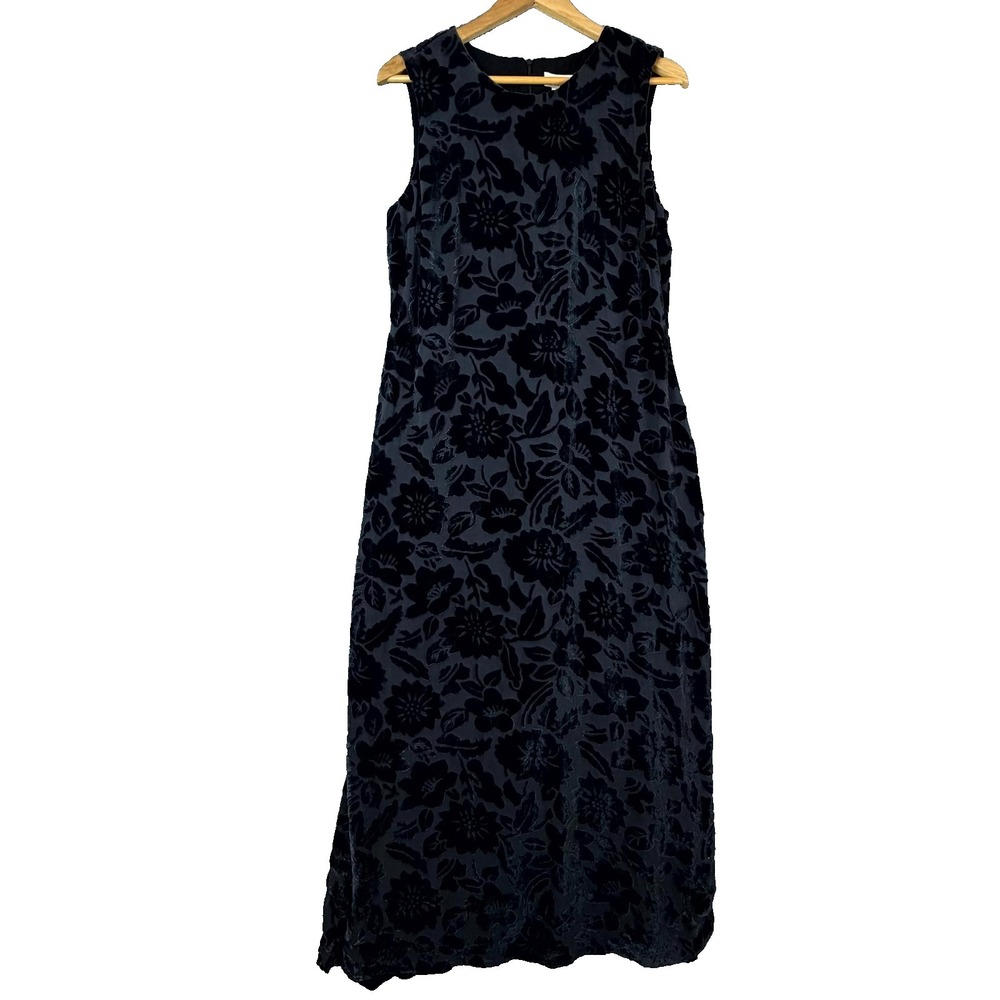 Vintage Tessuto Maxi Dress Womens Large Black Floral Velvet Rayon Goth Glam 90s